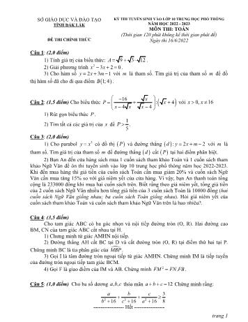 Kỳ thi tuyển sinh Lớp 10 THPT môn Toán - Năm học 2022-2023 - Sở giáo dục và đào tạo Đăk Lắk (Có đáp án)