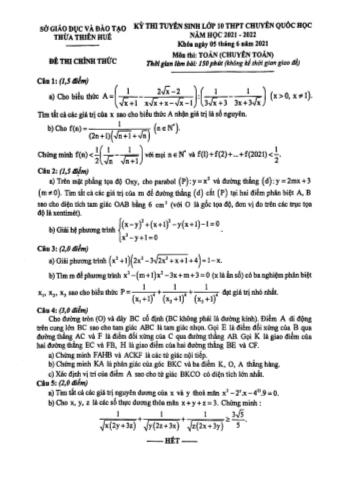 Kỳ thi tuyển sinh vào Lớp 10 môn Toán (Chuyên) - Năm học 2021-2022 - Sở giáo dục và đào tạo Thừa Thiên Huế (Có đáp án)