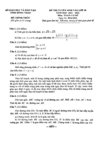 Kỳ thi tuyển sinh vào Lớp 10 môn Toán - Năm học 2021-2022 - Sở giáo dục vào đào tạo Đồng Tháp (Có đáp án)