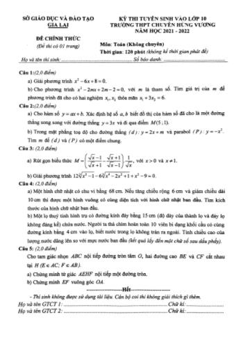 Kỳ thi tuyển sinh vào Lớp 10 môn Toán - Năm học 2021-2022 - Trường THPT chuyên Hùng Vương