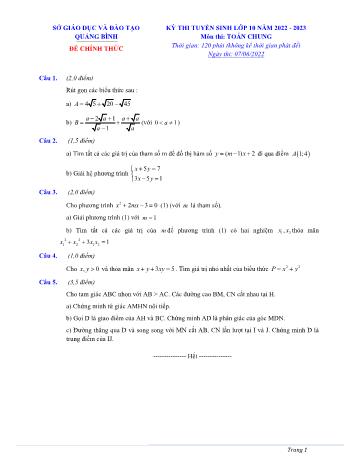 Kỳ thi tuyển sinh vào Lớp 10 môn Toán - Năm học 2022-2023 - Sở giáo dục và đào tạo Quảng Bình (Có đáp án)