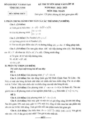 Kỳ thi tuyển sinh vào Lớp 10 môn Toán - Năm học 2022-2023 - Sở giáo dục và đào tạo Trà Vinh (Có đáp án)