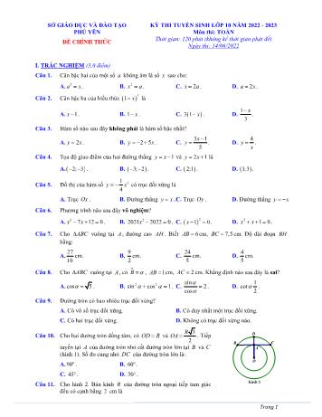 Kỳ thi tuyển sinh vào Lớp 10 môn Toán - Năm học 2022-2023 - Sở giáo dục và đào tạo Phú Yên (Có đáp án)
