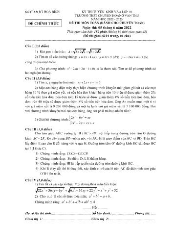 Kỳ thi tuyển sinh vào Lớp 10 THPT chuyên Hoàng Văn Thụ môn Toán (Dành cho chuyên Toán) - Năm học 2022-2023 - Sở giáo dục và đào tạo Hòa Bình (Có hướng dẫn chấm)