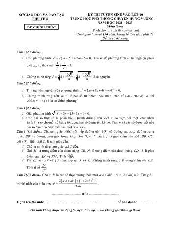Kỳ thi tuyển sinh vào Lớp 10 THPT chuyên Hùng Vương môn Toán - Năm học 2022-2023 - Sở giáo dục và đào tạo Phú Thọ (Có hướng dẫn chấm)