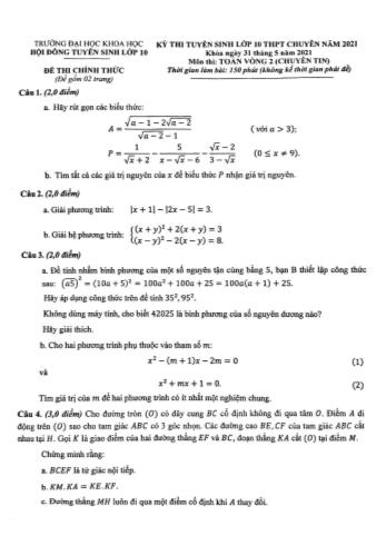 Kỳ thi tuyển sinh vào Lớp 10 THPT chuyên môn Toán (Chuyên Tin - Vòng 2) - Năm học 2021-2022 - Trường Đại học Khoa học