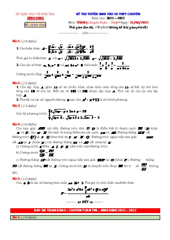 Kỳ thi tuyển sinh vào Lớp 10 THPT chuyên môn Toán (Chuyên Toán, Tin) - Năm học 2021-2022 - Sở giáo dục và đào tạo Bình Định (Có đáp án)
