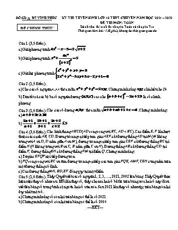 Kỳ thi tuyển sinh vào Lớp 10 THPT chuyên môn Toán (Chuyên Toán, Tin) - Năm học 2021-2022 - Sở giáo dục và đào tạo Vĩnh Phúc (Có đáp án)
