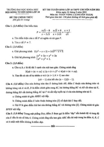 Kỳ thi tuyển sinh vào Lớp 10 THPT chuyên môn Toán (Chuyên Toán - Vòng 2) - Năm học 2021-2022 - Trường Đại học Khoa học