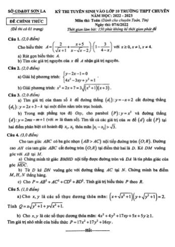 Kỳ thi tuyển sinh vào Lớp 10 THPT chuyên môn Toán (Dành cho chuyên Toán, Tin) - Năm học 2022-2023 - Sở giáo dục và đào tạo Sơn La (Có đáp án)