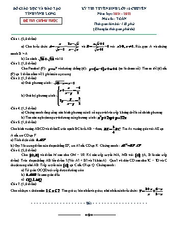 Kỳ thi tuyển sinh vào Lớp 10 THPT chuyên môn Toán - Năm học 2022-2023 - Sở giáo dục và đào tạo Vĩnh Long (Có đáp án)