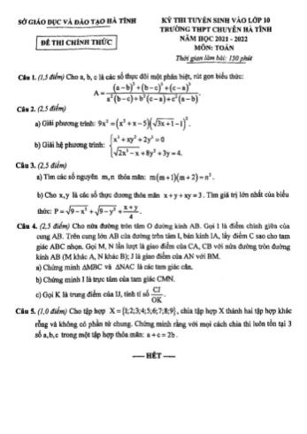 Kỳ thi tuyển sinh vào Lớp 10 THPT chuyên môn Toán - Năm học 2021-2022 - Trường THPT chuyên Hà Tĩnh (Có đáp án)