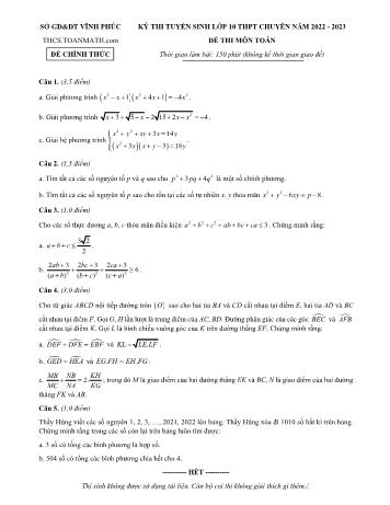 Kỳ thi tuyển sinh vào Lớp 10 THPT chuyên môn Toán - Năm học 2022-2023 - Sở giáo dục và đào tạo Vĩnh Phúc (Có đáp án)