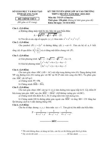 Kỳ thi tuyển sinh vào Lớp 10 THPT chuyên môn Toán - Năm học 2022-2023 - Sở giáo dục và đào tạo Quảng Nam (Có hướng dẫn chấm)