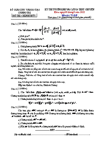 Kỳ thi tuyển sinh vào Lớp 10 THPT chuyên môn Toán - Năm học 2022-2023 - Sở giáo dục và đào tạo Quảng Trị (Có đáp án)