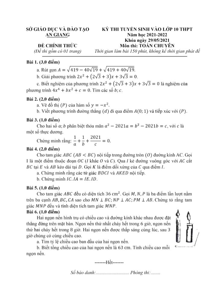 Kỳ thi tuyển sinh vào Lớp 10 THPT chuyên môn Toán - Năm học 2021-2022 - Sở giáo dục và đào tạo An Giang (Có đáp án)