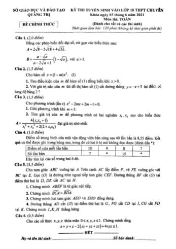 Kỳ thi tuyển sinh vào Lớp 10 THPT chuyên môn Toán - Năm học 2021-2022 - Sở giáo dục và đào tạo Quảng Trị (Có đáp án)