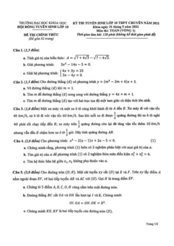 Kỳ thi tuyển sinh vào Lớp 10 THPT chuyên môn Toán (Vòng 1) - Năm học 2021-2022 - Trường Đại học Khoa học
