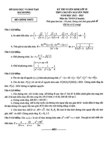 Kỳ thi tuyển sinh vào Lớp 10 THPT chuyên Nguyễn Trãi môn Toán (Chuyên Toán) - Năm học 2022-2023 - Sở giáo dục và đào tạo Hải Dương (Có đáp án)