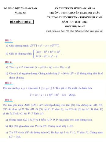 Kỳ thi tuyển sinh vào Lớp 10 THPT chuyên Phan Bội Châu môn Toán - Năm học 2022-2023 - Sở giáo dục và đào tạo Nghệ An (Có đáp án)