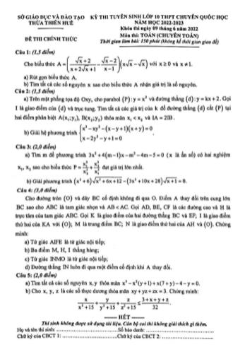 Kỳ thi tuyển sinh vào Lớp 10 THPT chuyên Quốc học môn Toán - Năm học 2022-2023 - Sở giáo dục và đào tạo Thừa Thiên Huế (Có đáp án)