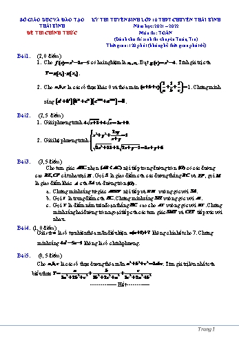 Kỳ thi tuyển sinh vào Lớp 10 THPT chuyên Thái Bình môn Toán (Chuyên Toán, Tin) - Năm học 2021-2022 - Sở giáo dục và đào tạo Thái Bình (Có đáp án)