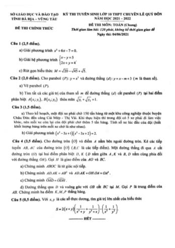 Kỳ thi tuyển sinh vào Lớp 10 THPT môn Toán (Chung) - Năm học 2021-2022 - Trường THPT chuyên Lê Quý Đôn