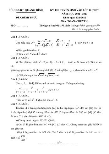 Kỳ thi tuyển sinh vào Lớp 10 THPT môn Toán (Chuyên) - Năm học 2022-2023 - Sở giáo dục và đào tạo Quảng Bình (Có hướng dẫn chấm)