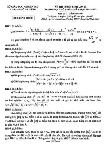 Kỳ thi tuyển sinh vào Lớp 10 THPT môn Toán (Chuyên) - Năm học 2022-2023 - Sở giáo dục và đào tạo Đà Nẵng (Có đáp án)