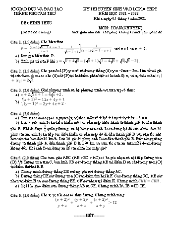 Kỳ thi tuyển sinh vào Lớp 10 THPT môn Toán (Chuyên) - Năm học 2021-2022 - Sở giáo dục và đào tạo Cần Thơ (Có đáp án)