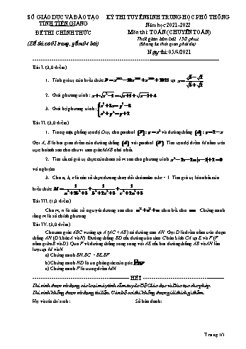 Kỳ thi tuyển sinh vào Lớp 10 THPT môn Toán (Chuyên) - Năm học 2021-2022 - Sở giáo dục và đào tạo Tiền Giang (Có đáp án)