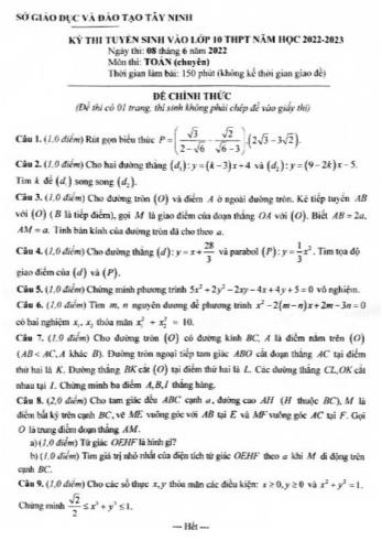 Kỳ thi tuyển sinh vào Lớp 10 THPT môn Toán (Chuyên) - Năm học 2022-2023 - Sở giáo dục và đào tạo Tây Ninh (Có hướng dẫn chấm)