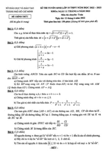 Kỳ thi tuyển sinh vào Lớp 10 THPT môn Toán (Chuyên) - Năm học 2022-2023 - Sở giáo dục và đào tạo Hồ Chí Minh (Có đáp án)