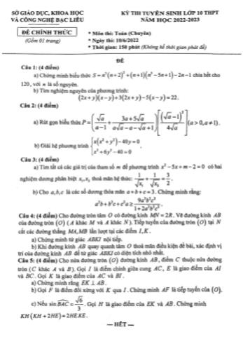 Kỳ thi tuyển sinh vào Lớp 10 THPT môn Toán (Chuyên) - Năm học 2022-2023 - Sở giáo dục và đào tạo Bạc Liêu (Có hướng dẫn chấm)