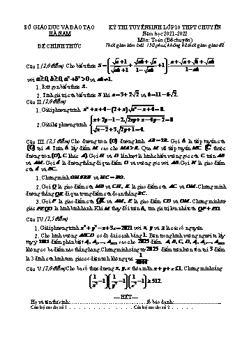 Kỳ thi tuyển sinh vào Lớp 10 THPT môn Toán (Chuyên) - Năm học 2021-2022 - Sở giáo dục và đào tạo Hà Nam (Có đáp án)
