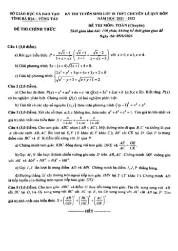 Kỳ thi tuyển sinh vào Lớp 10 THPT môn Toán (Chuyên) - Năm học 2021-2022 - Trường THPT chuyên Lê Quý Đôn