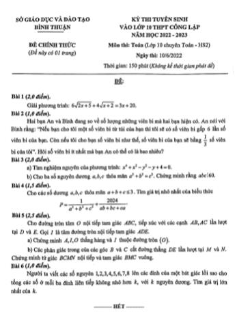 Kỳ thi tuyển sinh vào Lớp 10 THPT môn Toán (Chuyên) - Năm học 2022-2023 - Sở giáo dục và đào tạo Bình Thuận