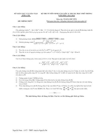 Kỳ thi tuyển sinh vào Lớp 10 THPT môn Toán (Chuyên) - Năm học 2021-2022 - Sở giáo dục và đào tạo Đăk Lăk (Có đáp án)