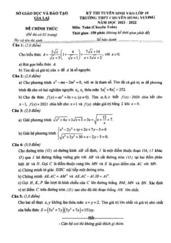 Kỳ thi tuyển sinh vào Lớp 10 THPT môn Toán (Chuyên) - Năm học 2021-2022 - Trường THPT chuyên Hùng Vương