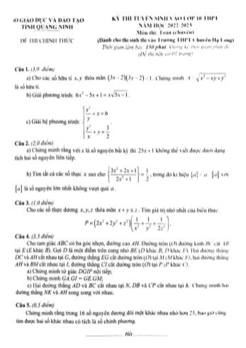 Kỳ thi tuyển sinh vào Lớp 10 THPT môn Toán (Chuyên Toán) - Năm học 2022-2023 - Sở giáo dục và đào tạo Quảng Ninh (Có đáp án)