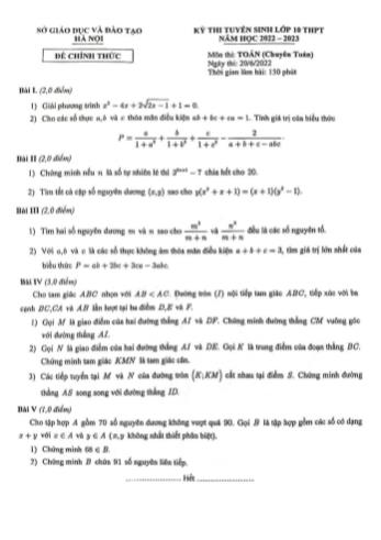 Kỳ thi tuyển sinh vào Lớp 10 THPT môn Toán (Chuyên Toán) - Năm học 2022-2023 - Sở giáo dục và đào tạo Hà Nội (Có đáp án)
