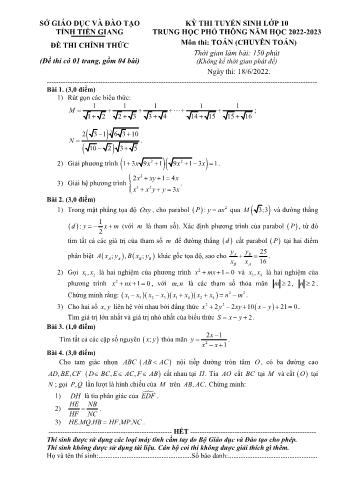 Kỳ thi tuyển sinh vào Lớp 10 THPT môn Toán (Chuyên Toán) - Năm học 2022-2023 - Sở giáo dục và đào tạo Tiền Giang (Có hướng dẫn chấm)