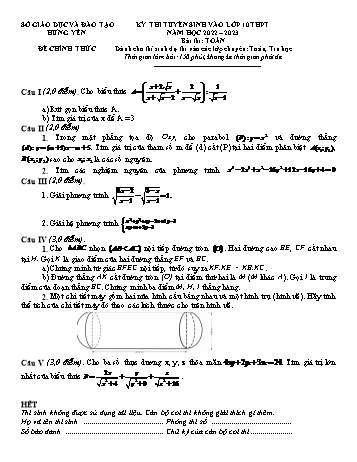 Kỳ thi tuyển sinh vào Lớp 10 THPT môn Toán (Chuyên Toán, Tin) - Năm học 2022-2023 - Sở giáo dục và đào tạo Hưng Yên (Có đáp án)