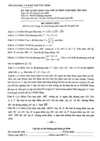 Kỳ thi tuyển sinh vào Lớp 10 THPT môn Toán (Không chuyên) - Năm học 2021-2022 - Sở giáo dục và đào tạo Tây Ninh (Có đáp án)