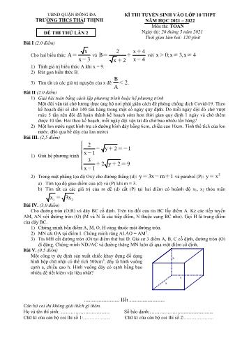 Kỳ thi tuyển sinh vào Lớp 10 THPT môn Toán (Lần 2) - Năm học 2021-2022 - Sở giáo dục và đào tạo Thái Thịnh (Có hướng dẫn chấm)