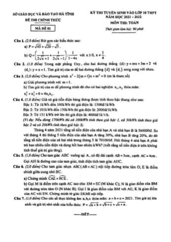 Kỳ thi tuyển sinh vào Lớp 10 THPT môn Toán - Mã đề 01 - Năm học 2021-2022 - Sở giáo dục và đào tạo Hà Tĩnh (Có đáp án)