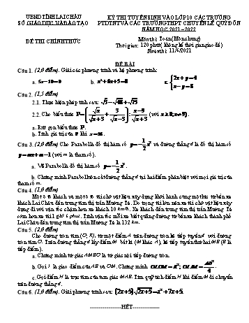 Kỳ thi tuyển sinh vào Lớp 10 THPT môn Toán - Năm học 2021-2022 - Sở giáo dục và đào tạo Lai Châu (Có hướng dẫn giải)