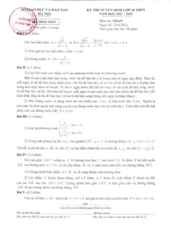 Kỳ thi tuyển sinh vào Lớp 10 THPT môn Toán - Năm học 2021-2022 - Sở giáo dục và đào tạo Hà Nội (Có đáp án)