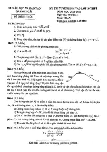 Kỳ thi tuyển sinh vào Lớp 10 THPT môn Toán - Năm học 2021-2022 - Sở giáo dục và đào tạo Quảng Ngãi (Có đáp án)
