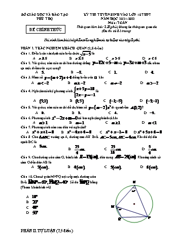 Kỳ thi tuyển sinh vào Lớp 10 THPT môn Toán - Năm học 2021-2022 - Sở giáo dục và đào tạo Phú Thọ (Có đáp án)